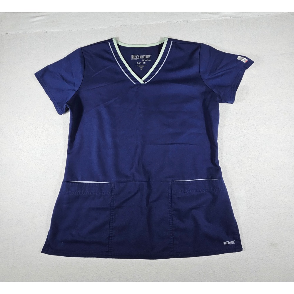 Greys Anatomy by Barco Active Scrub Top Navy‎ Blue Green Trim V-Neck Womens M